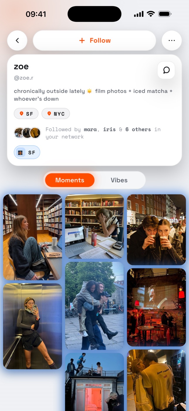 A Hiro profile — no follower counts, moments grouped into vibes